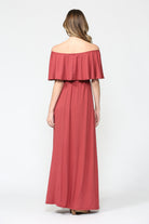 Red Brown Ruffle Off Shoulder Solid Maternity Dress Back View