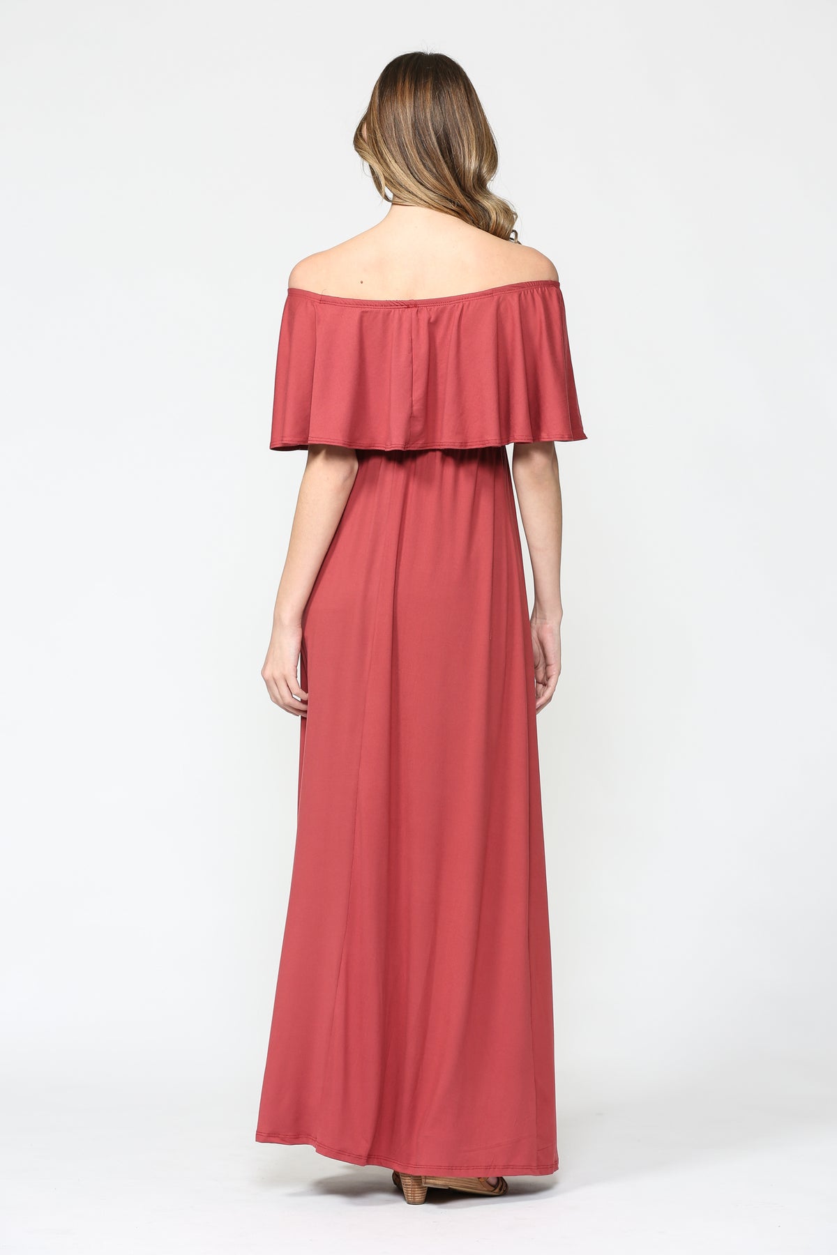 Red Brown Ruffle Off Shoulder Solid Maternity Dress Back View