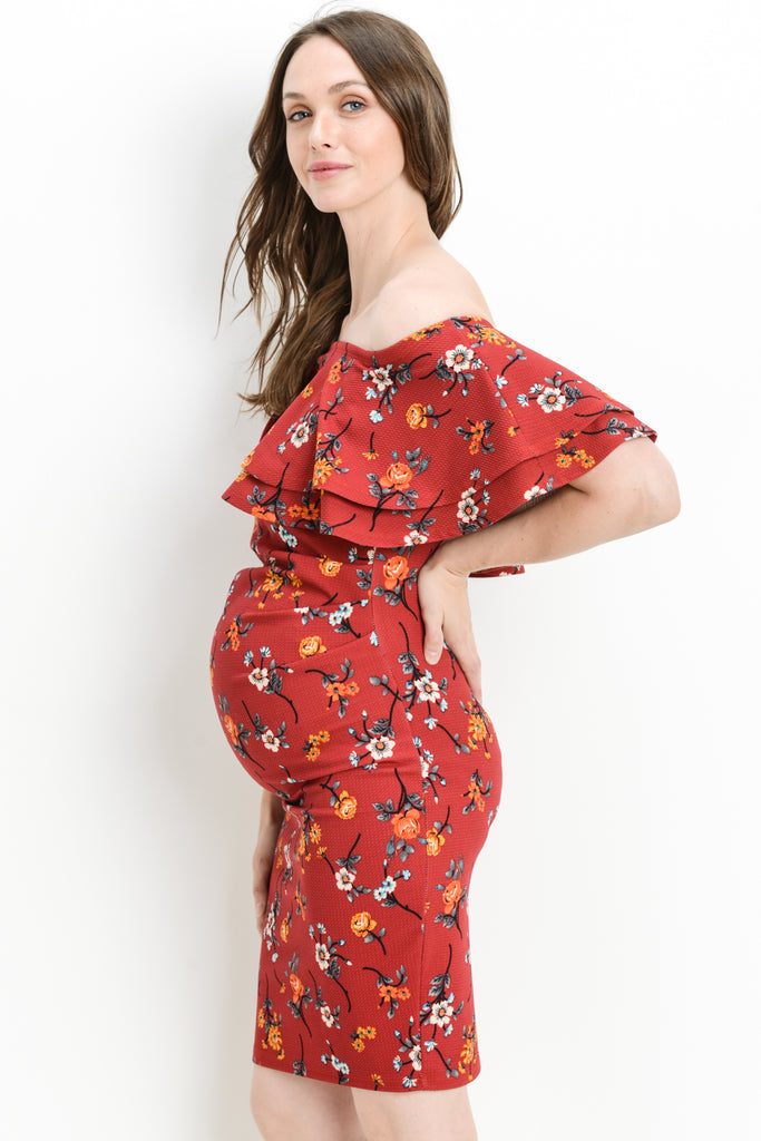 Burgundy Double Ruffle Off Shoulder Maternity Dress, Stems Side
