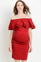 Burgundy Double Ruffle Off Shoulder Maternity Dress Front View