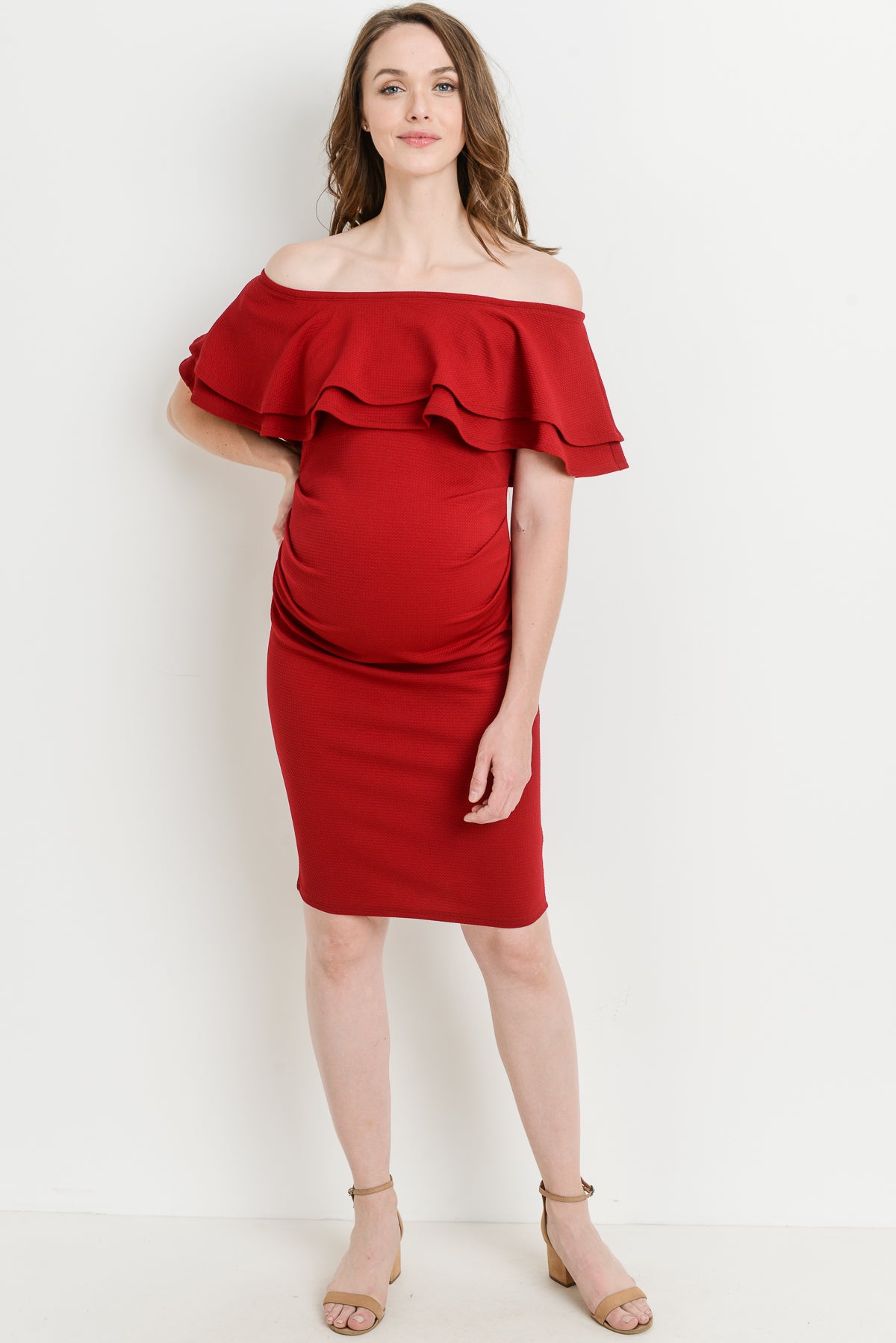 Burgundy Double Ruffle Off Shoulder Maternity Dress Full Body