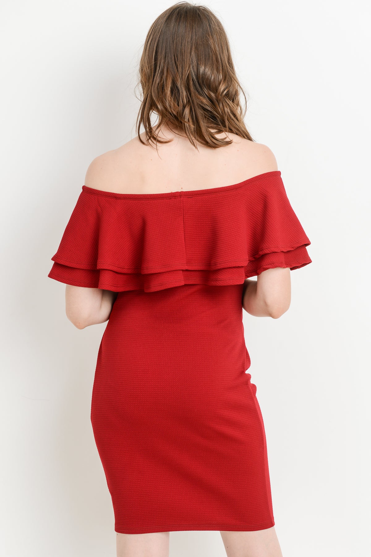 Burgundy Double Ruffle Off Shoulder Maternity Dress Back View