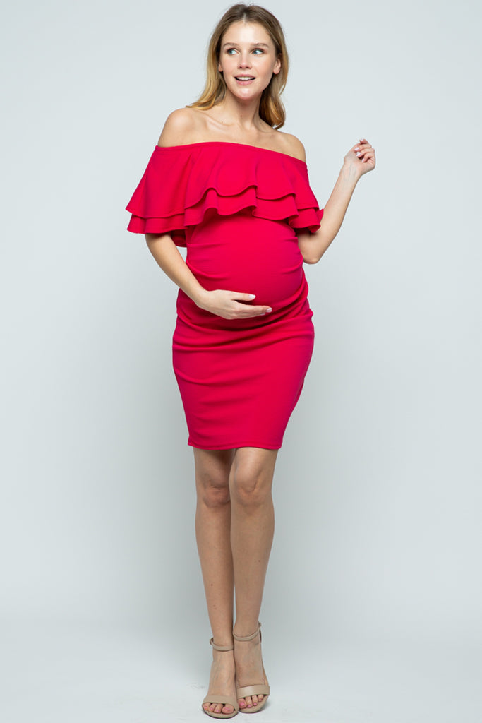 Red Coral Double Ruffle Off Shoulder Maternity Dress Full Body