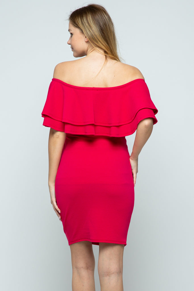 Red Coral Double Ruffle Off Shoulder Maternity Dress Back
