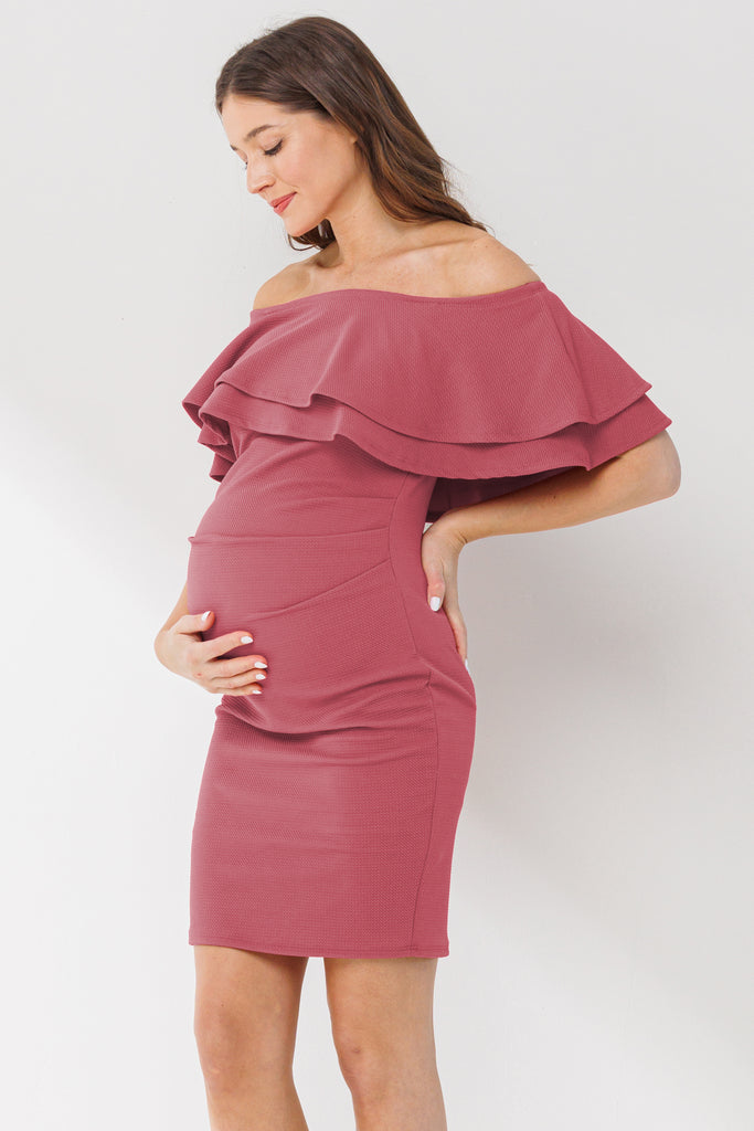 Dusty Rose Double Ruffle Off Shoulder Maternity Dress Side