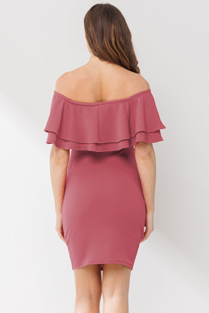 Dusty Rose Double Ruffle Off Shoulder Maternity Dress Back