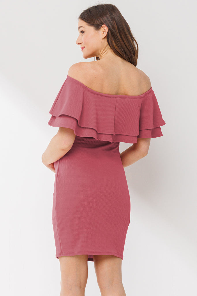 Dusty Rose Double Ruffle Off Shoulder Maternity Dress Back