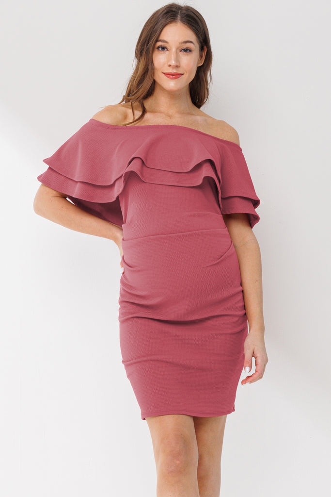 Dusty Rose Double Ruffle Off Shoulder Maternity Dress Front