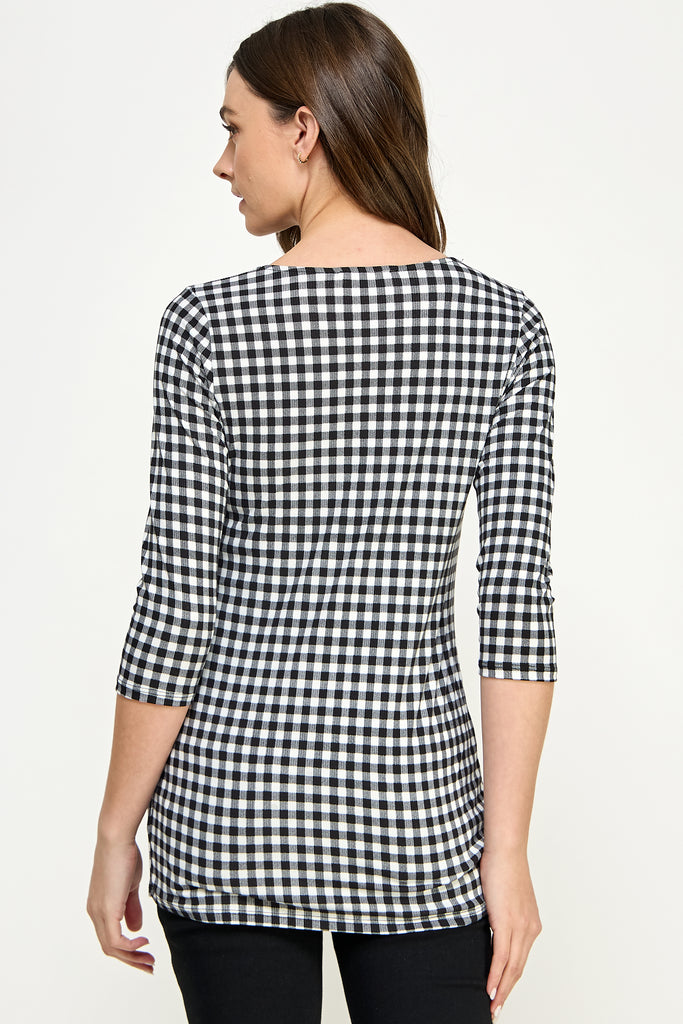 Black/White Checkered 3/4 Sleeve Front Pleat Maternity Top Back