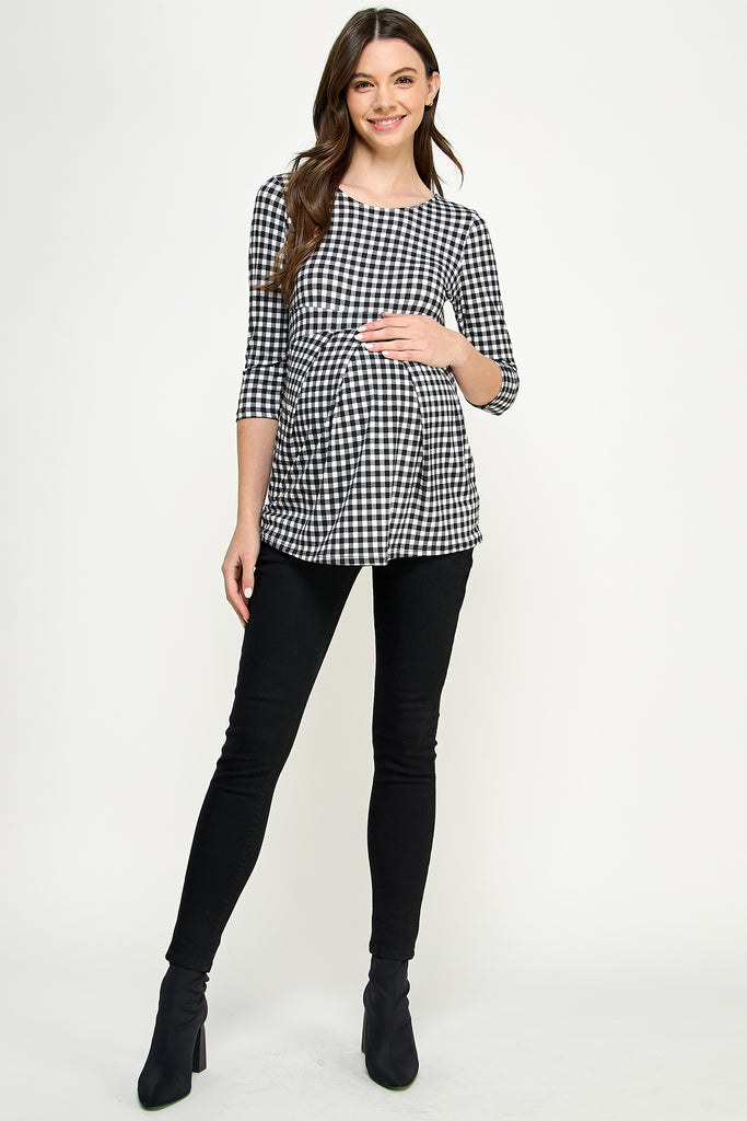Black/White Checkered 3/4 Sleeve Front Pleat Maternity Top Full Body