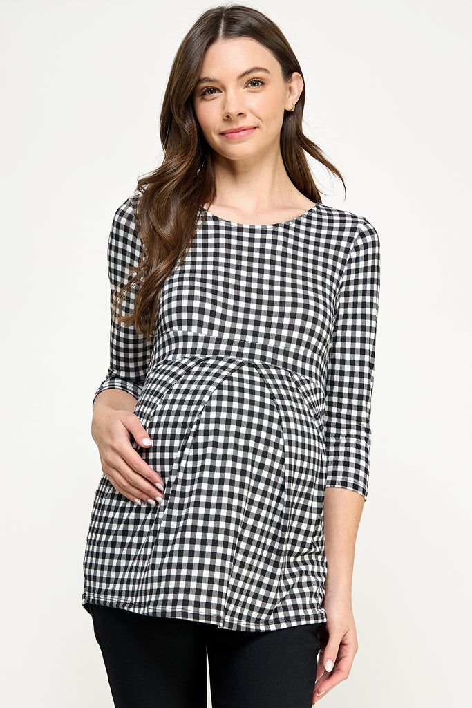 Black/White Checkered 3/4 Sleeve Front Pleat Maternity Top Front