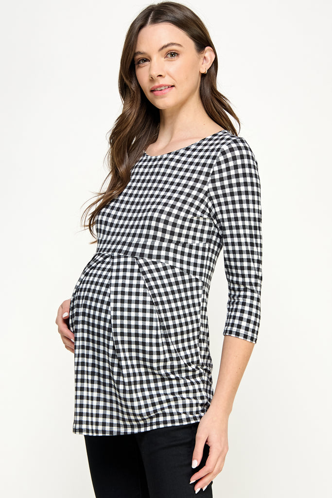 Black/White Checkered 3/4 Sleeve Front Pleat Maternity Top Side