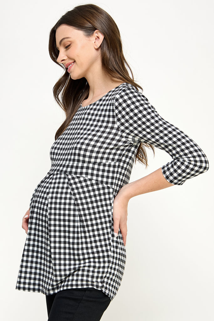 Black/White Checkered 3/4 Sleeve Front Pleat Maternity Top Side