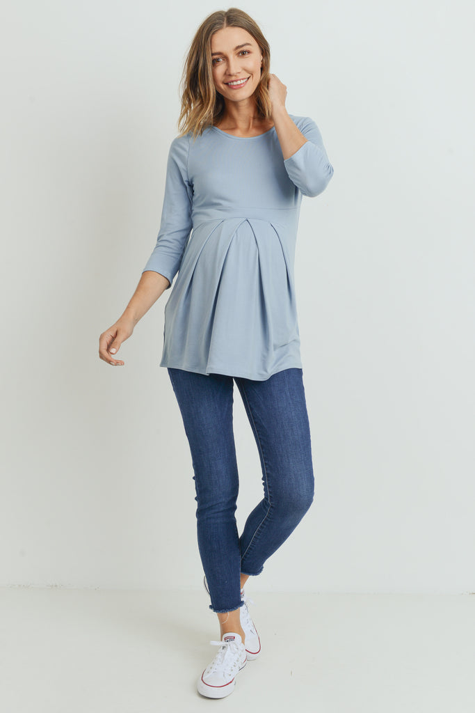 Chambray Front Pleat Round Neck Maternity Full Body