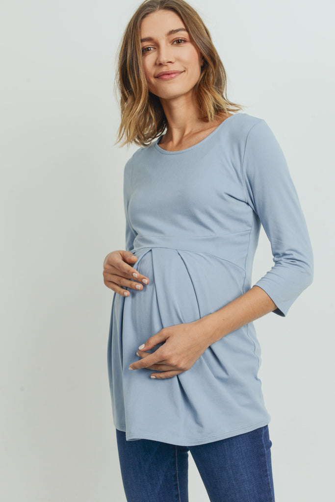 Chambray Front Pleat Round Neck Maternity Top Side