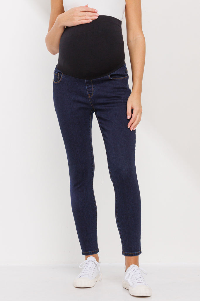 Deep Denim Over The Belly Stretchy Maternity Jean Pants Front