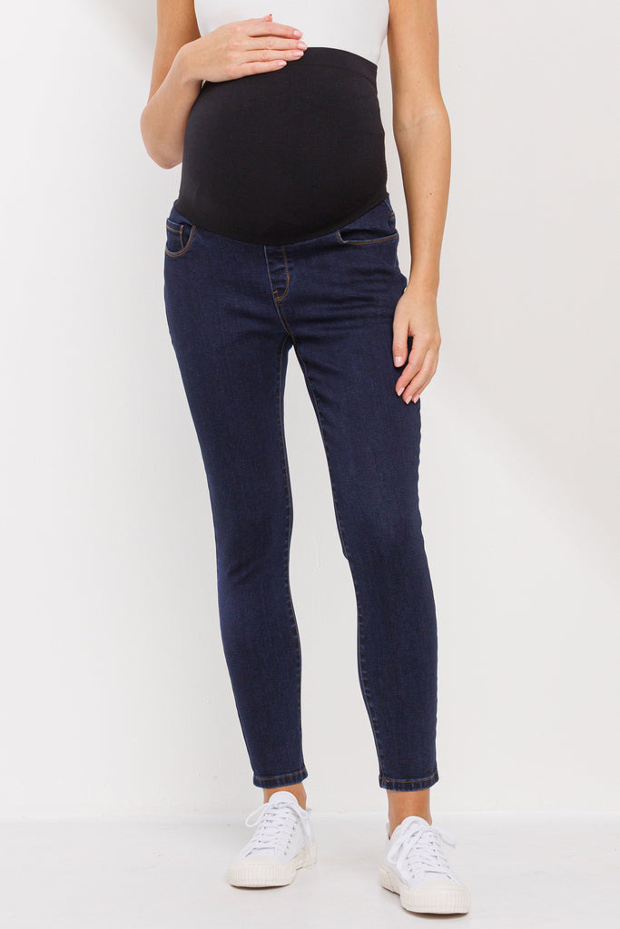 Deep Denim Over The Belly Stretchy Maternity Jean Pants Front