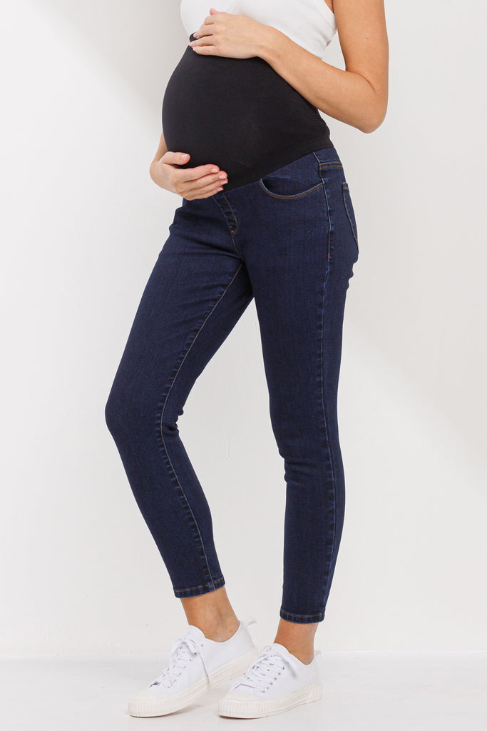 Deep Denim Over The Belly Stretchy Maternity Jean Pants Side