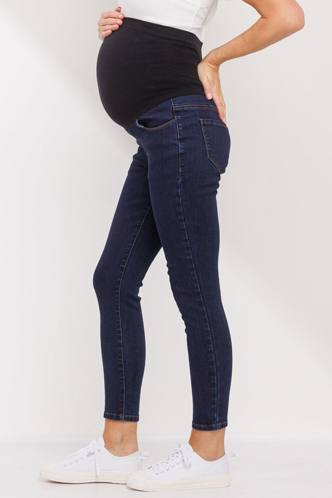 Deep Denim Over The Belly Stretchy Maternity Jean Pants Side