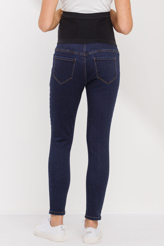 Deep Denim Over The Belly Stretchy Maternity Jean Pants Back