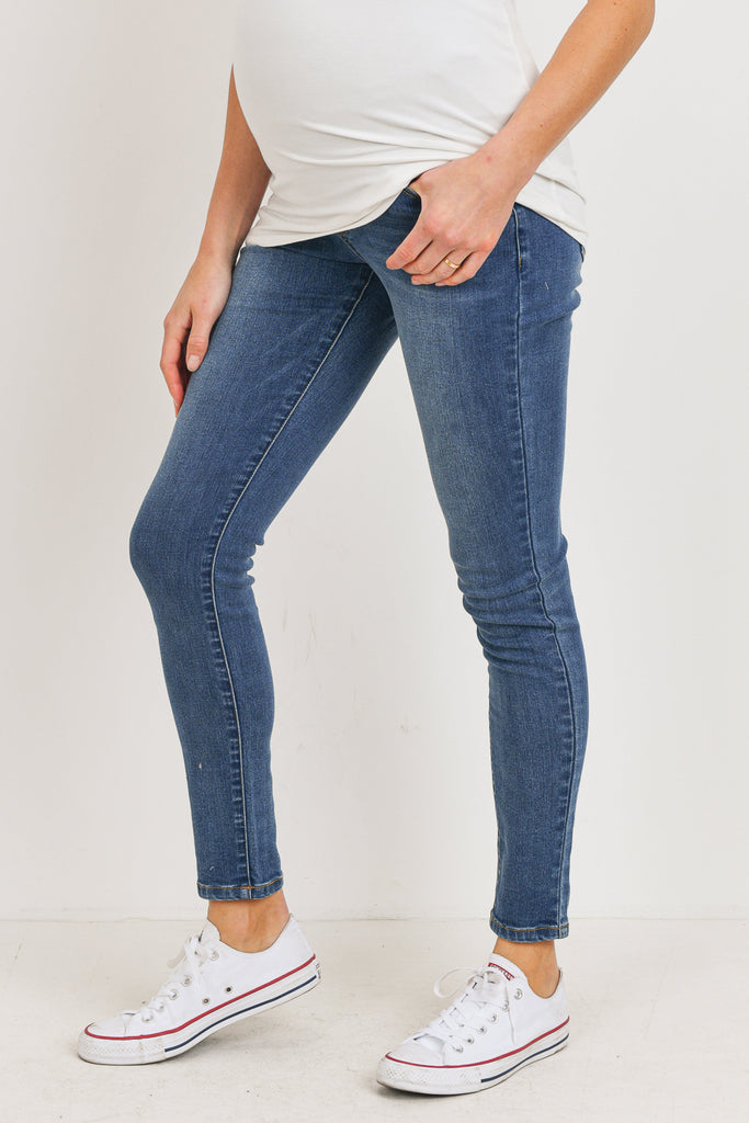 Dark Denim Over The Belly Stretchy Maternity Jean Pants Side