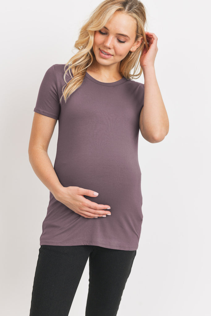 Mauve Modal Jersey Round Neck Maternity Short Sleeve Top Front