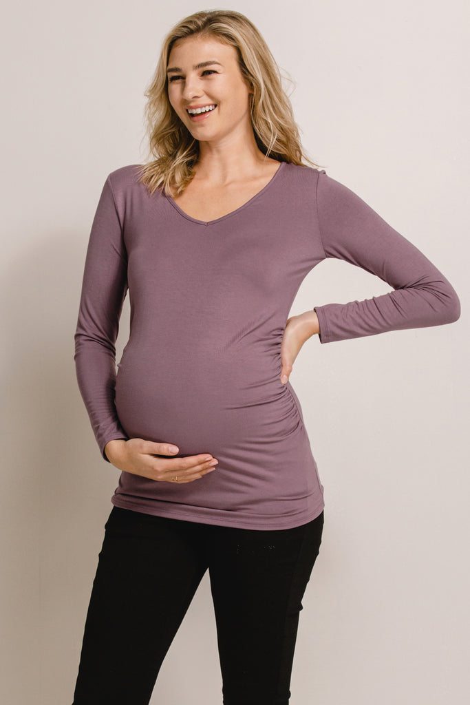 Mauve Modal Jersey V-Neck Basic Long Sleeve Shirts Side