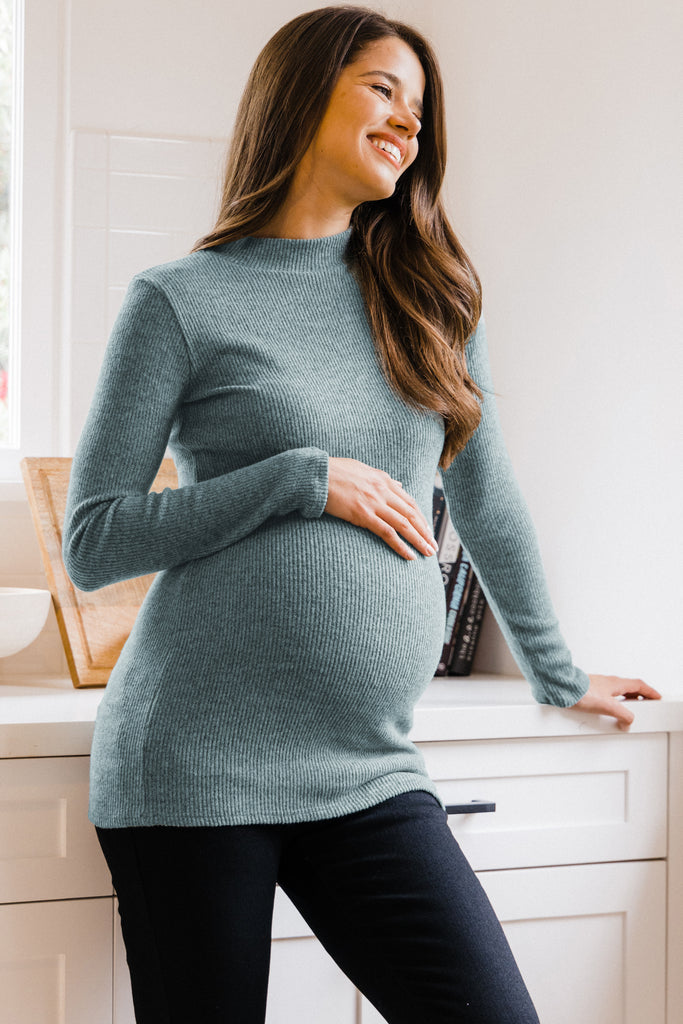 Dusty Green Rib Knit Mock Neck Maternity Top Lifestyle Side