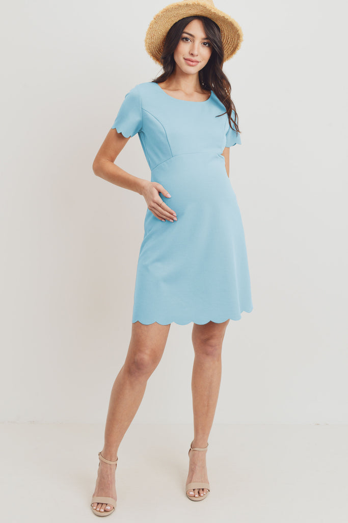 Sky Blue Solid Scalloped Maternity Dress Full Body