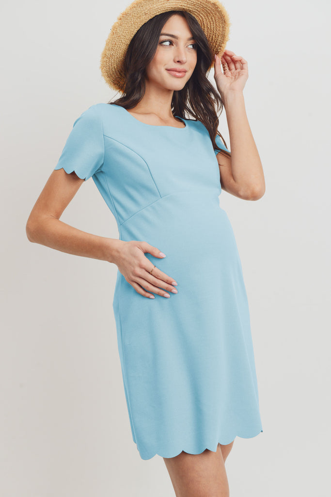 Sky Blue Solid Scalloped Maternity Dress Side