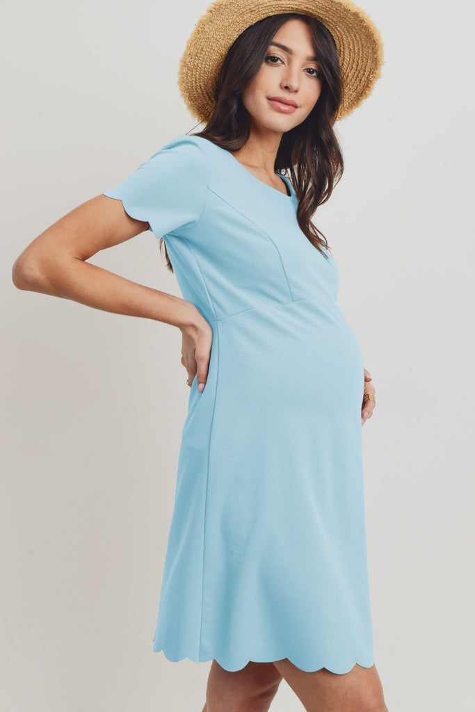 Sky Blue Solid Scalloped Maternity Dress Side
