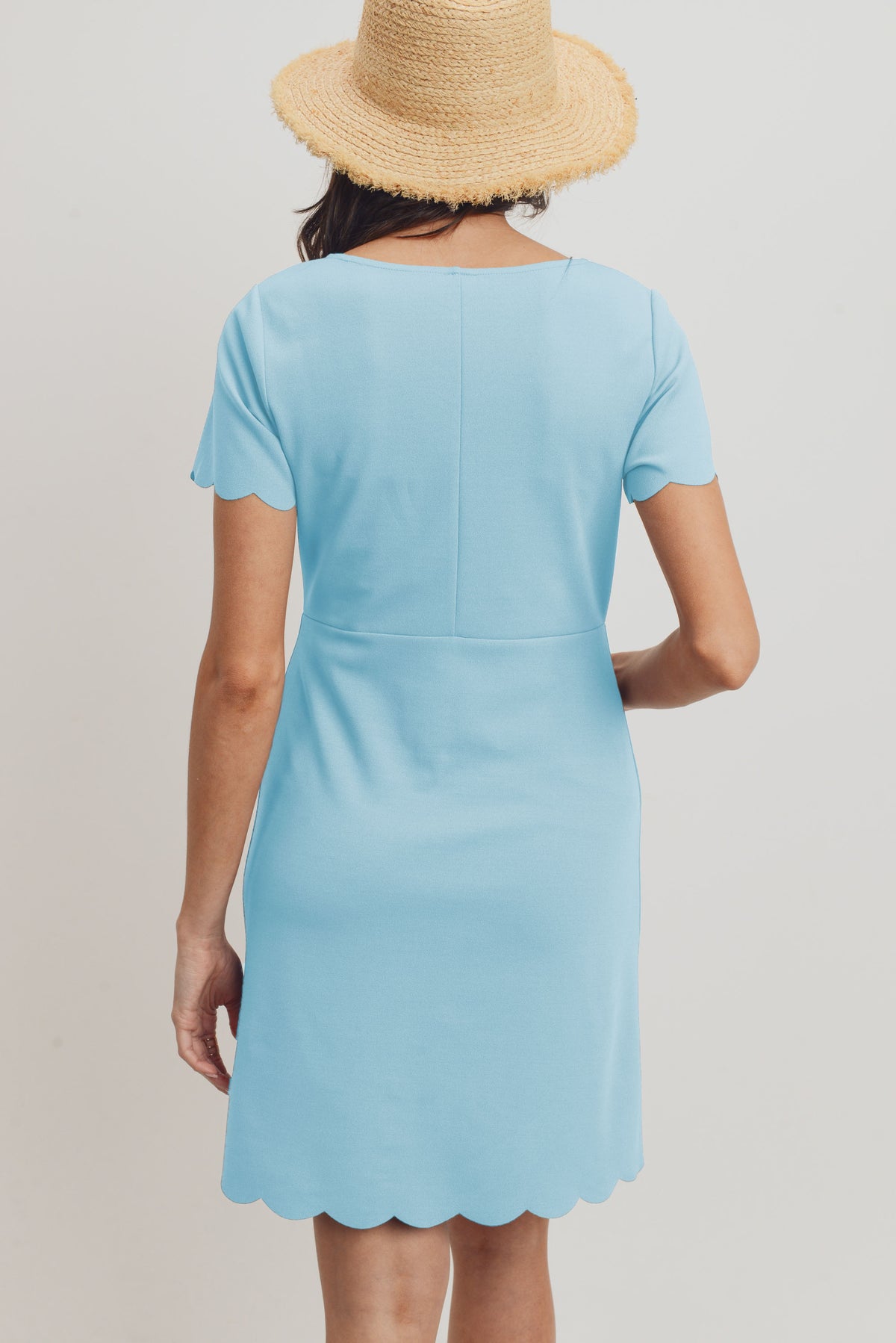 Sky Blue Solid Scalloped Maternity Dress Back