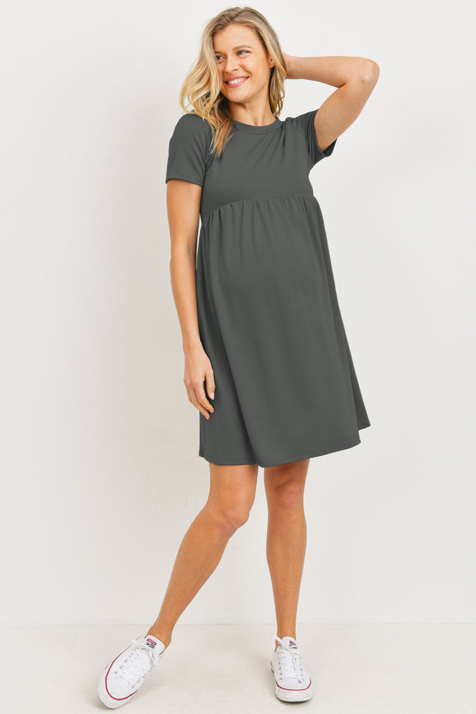 Grey  French Terry Babydoll Maternity T-Shirt Dress Full Body