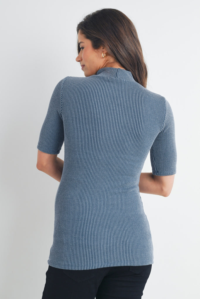 Denim Ribbed Short Sleeve Mock Neck Maternity Top Back View