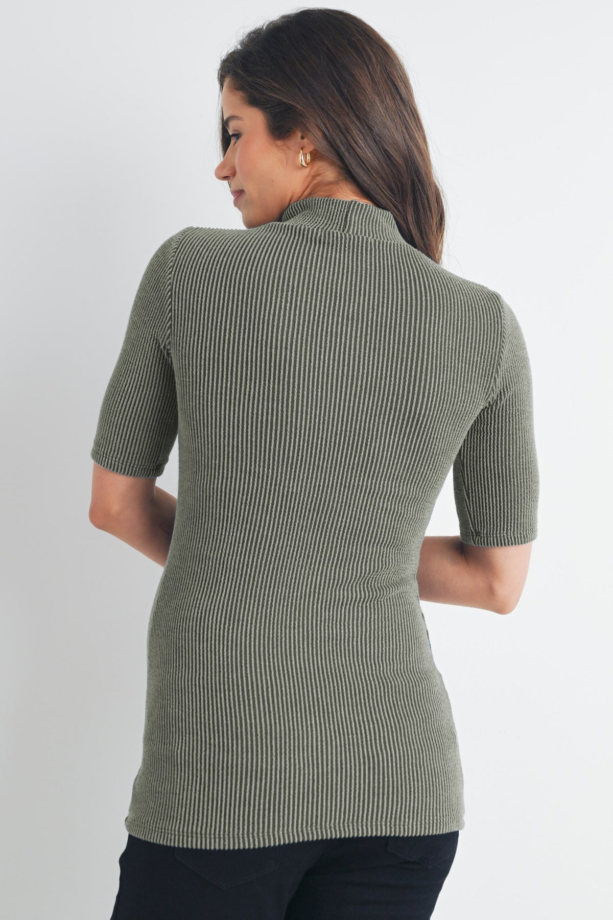 Olive Ribbed Short Sleeve Mock Neck Maternity Top Back View