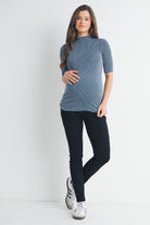 Denim Ribbed Short Sleeve Mock Neck Maternity Top Full Body