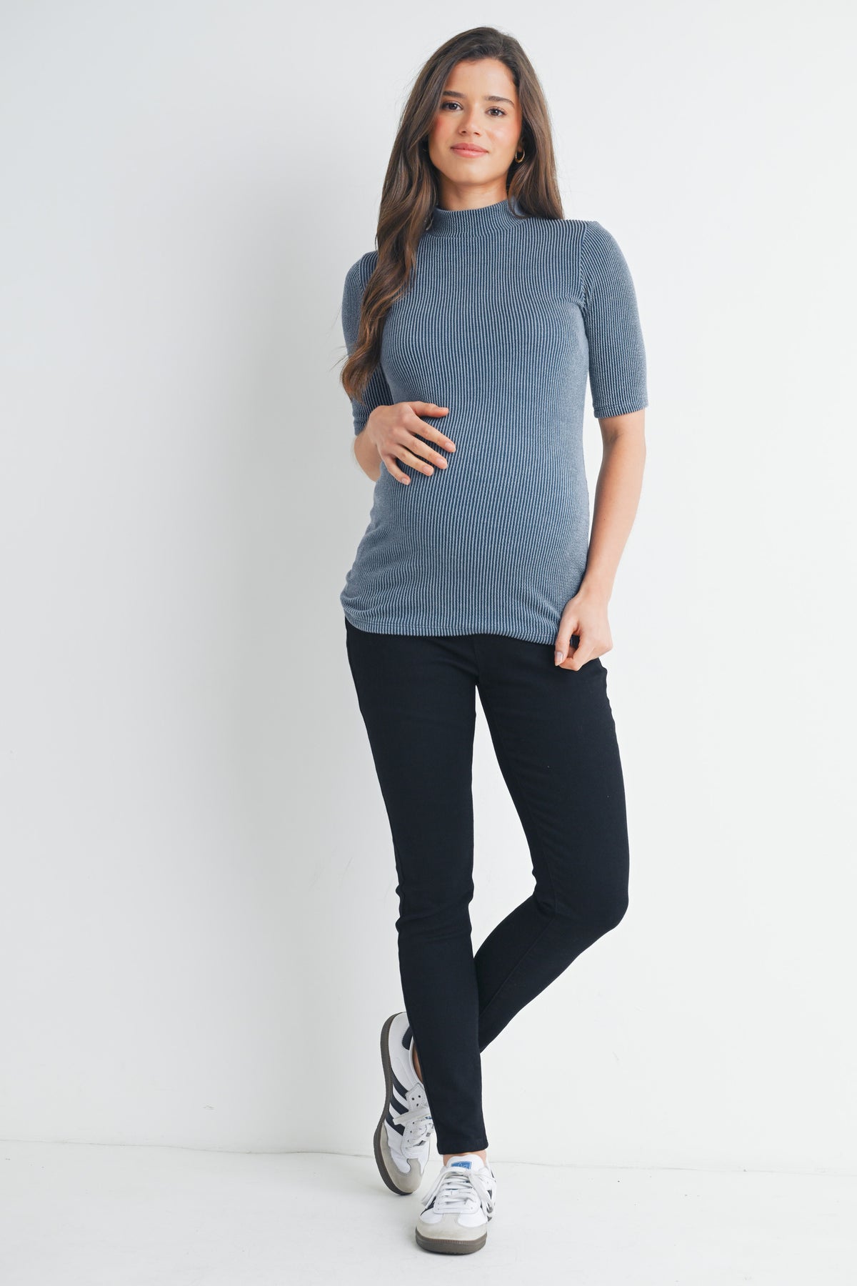 Denim Ribbed Short Sleeve Mock Neck Maternity Top Full Body