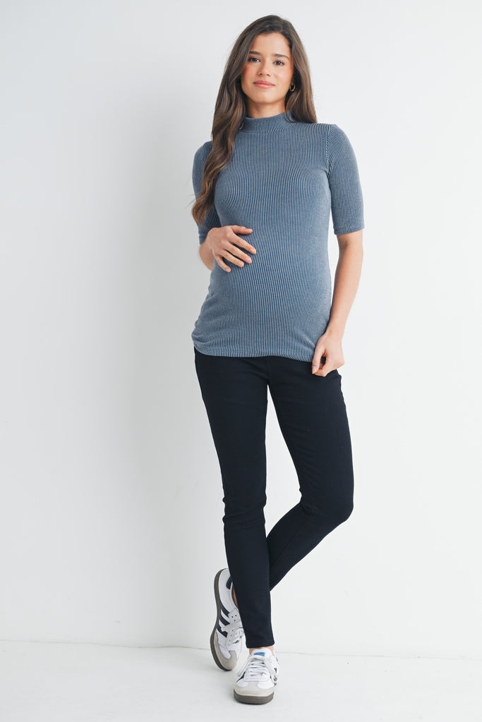 Denim Ribbed Short Sleeve Mock Neck Maternity Top Full Body