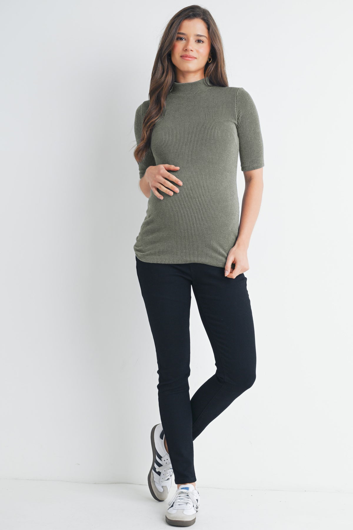 Olive Ribbed Short Sleeve Mock Neck Maternity Top Full Body