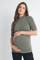 Olive Ribbed Short Sleeve Mock Neck Maternity Top Front View