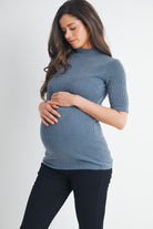Denim Ribbed Short Sleeve Mock Neck Maternity Top Side View