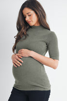 Olive Ribbed Short Sleeve Mock Neck Maternity Top Side View