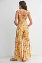 Mustard Floral Smocked Square Neck Wide Leg Maternity Jumpsuit with Pockets Back View