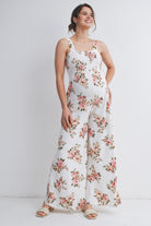Ivory Floral Smocked Square Neck Wide Leg Maternity Jumpsuit with Pockets Front View