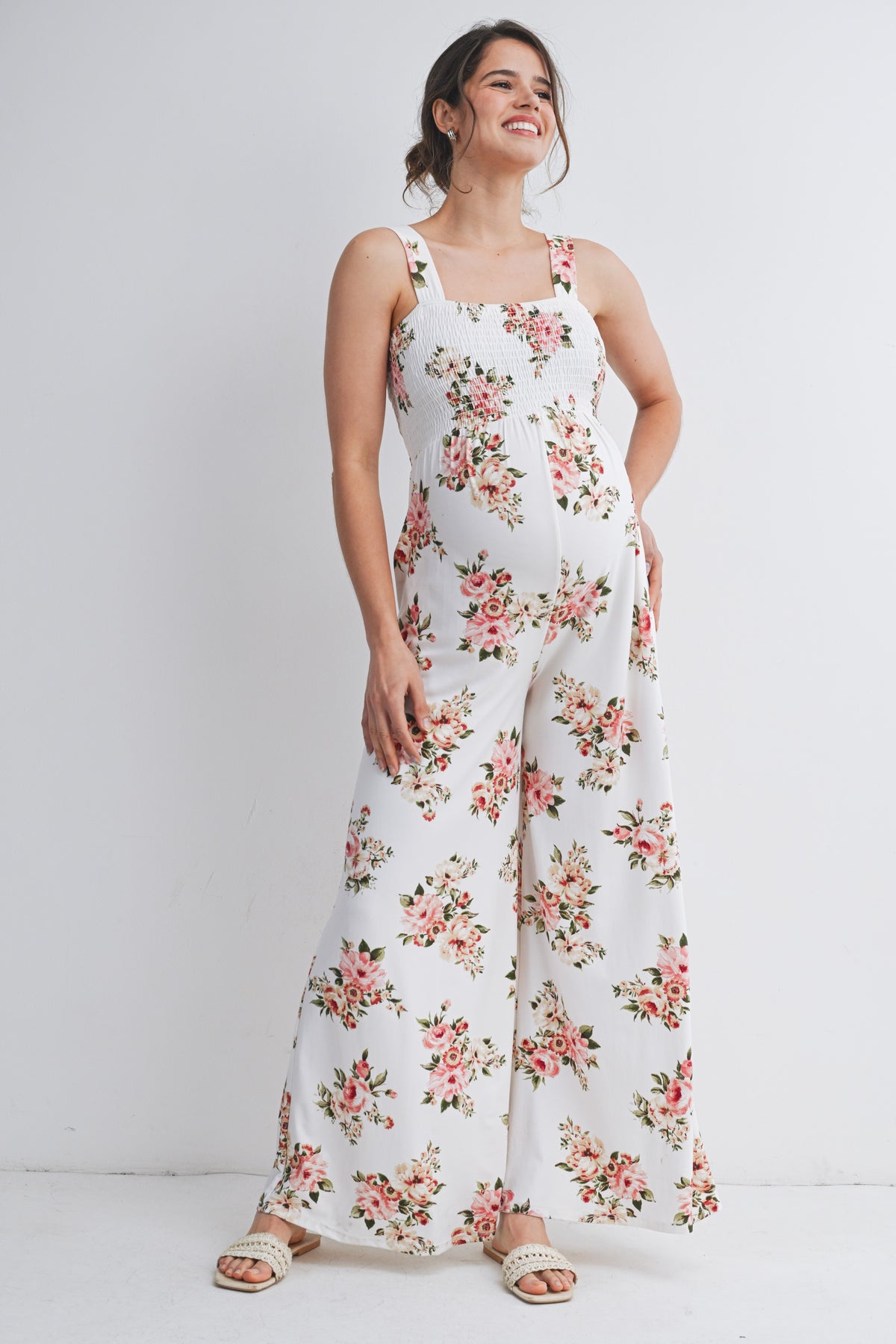 Ivory Floral Smocked Square Neck Wide Leg Maternity Jumpsuit with Pockets Front View