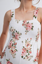 Ivory Floral Smocked Square Neck Wide Leg Maternity Jumpsuit with Pockets Close Up