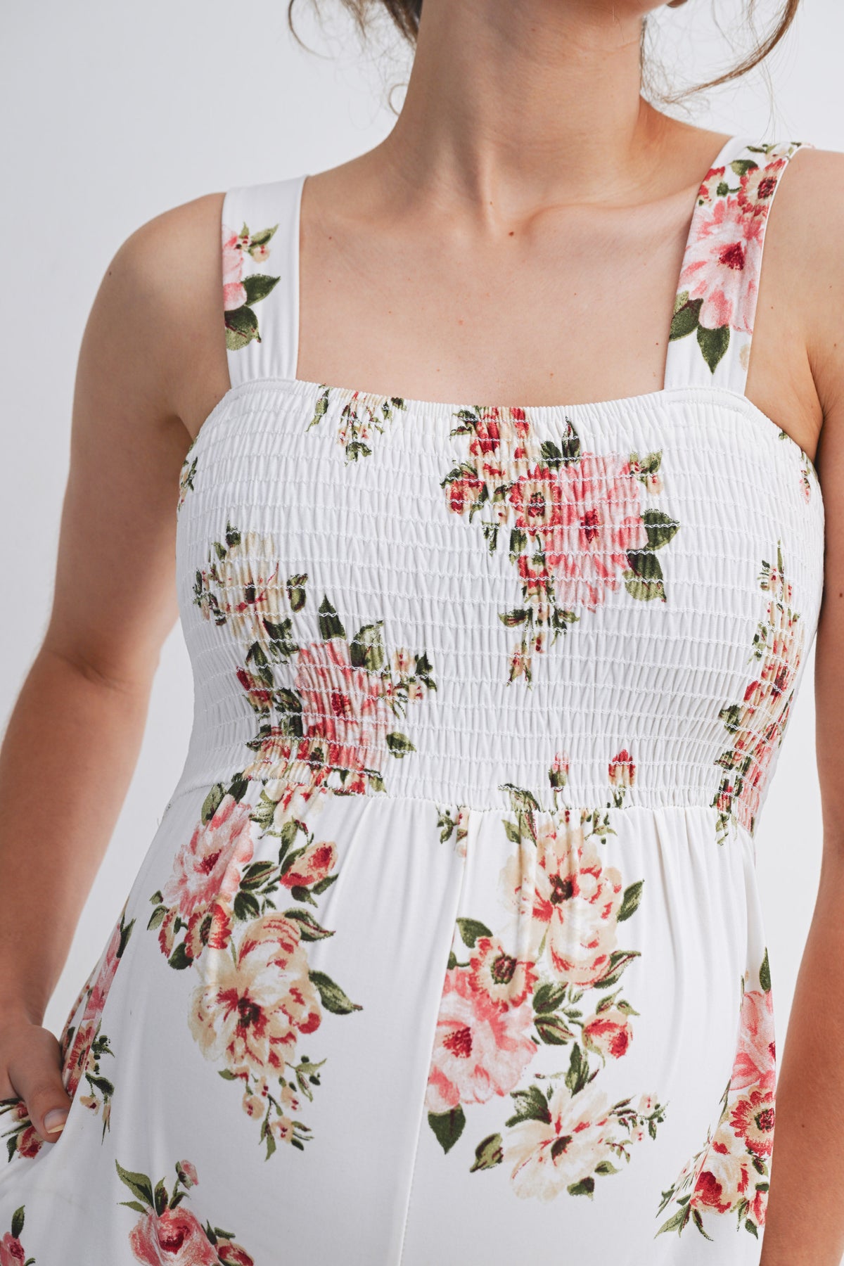 Ivory Floral Smocked Square Neck Wide Leg Maternity Jumpsuit with Pockets Close Up
