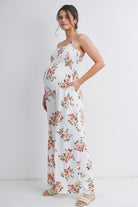 Ivory Floral Smocked Square Neck Wide Leg Maternity Jumpsuit with Pockets Side View