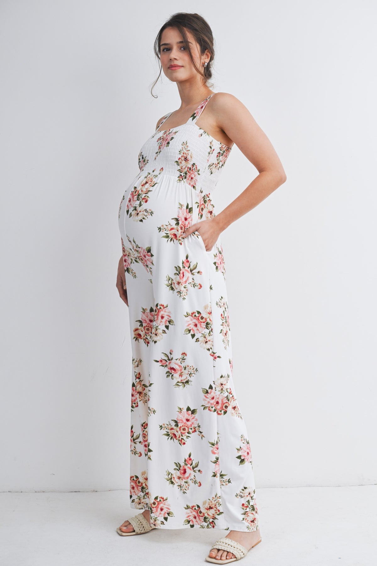 Ivory Floral Smocked Square Neck Wide Leg Maternity Jumpsuit with Pockets Side View