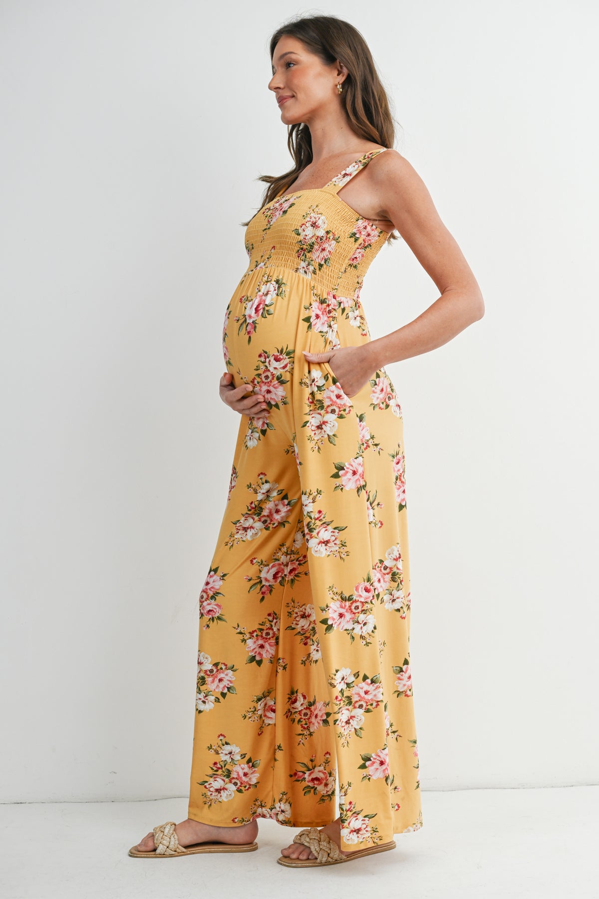 Mustard Floral Smocked Square Neck Wide Leg Maternity Jumpsuit with Pockets Side View